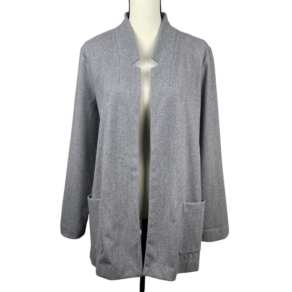 Simply Vera Vera Wang Women's Open Front Cardigan Large Gray Herringbone Pockets